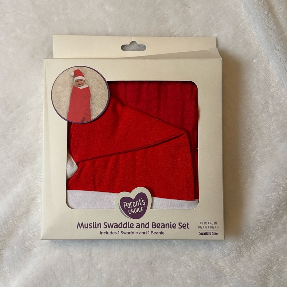 Parents Choice Santa Muslin Swaddle and Beanie Set